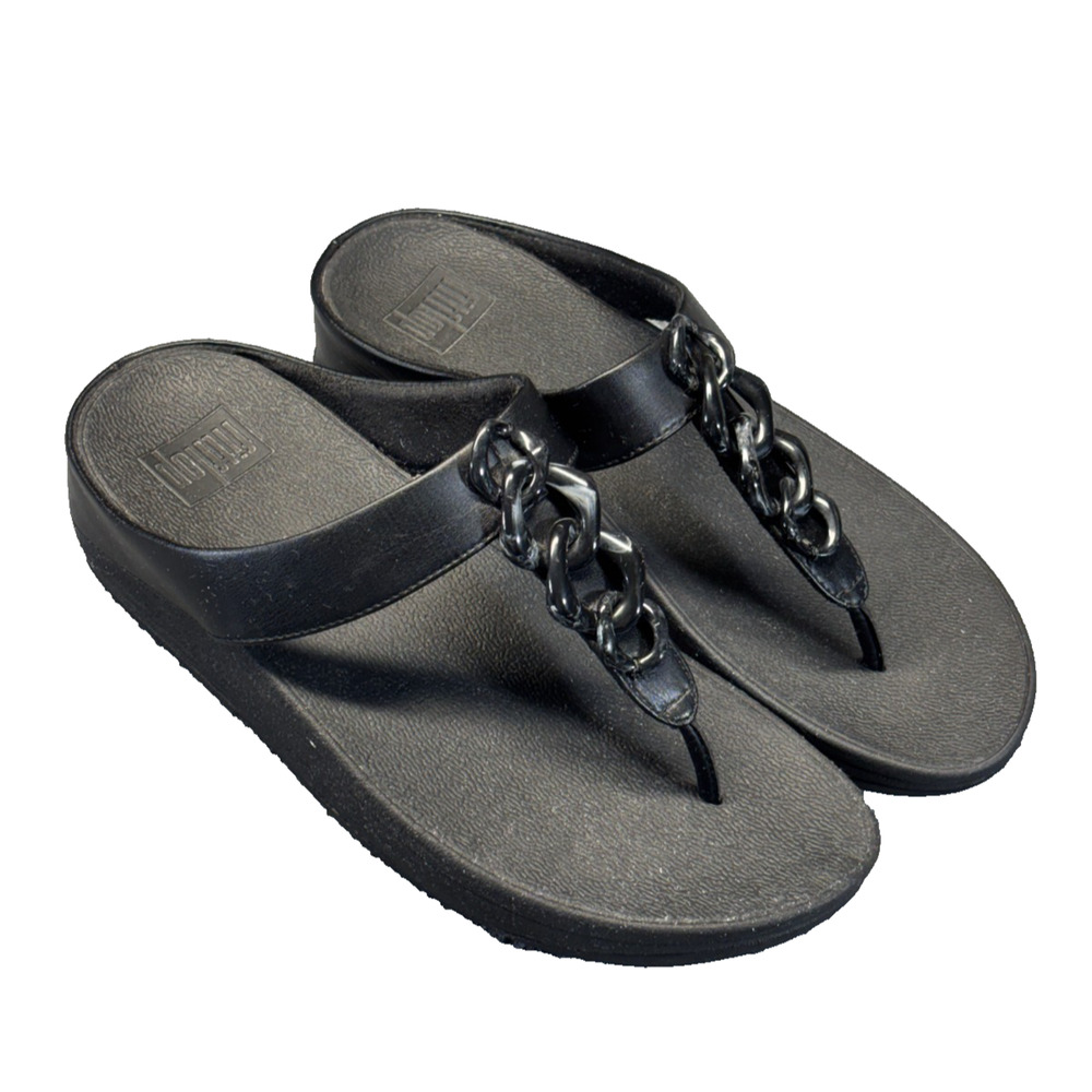 FitFlop Lulu Chain Toe-Post Thong Sandal Women's 7 Black Wobbleboard W23-001
